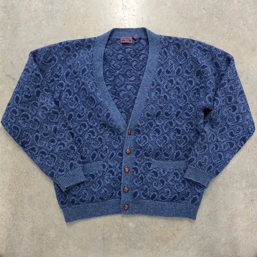 Vintage 80s Hunting Horn Mens Blue Shetland Wool‎ Fair Isle Cardigan Sweater L